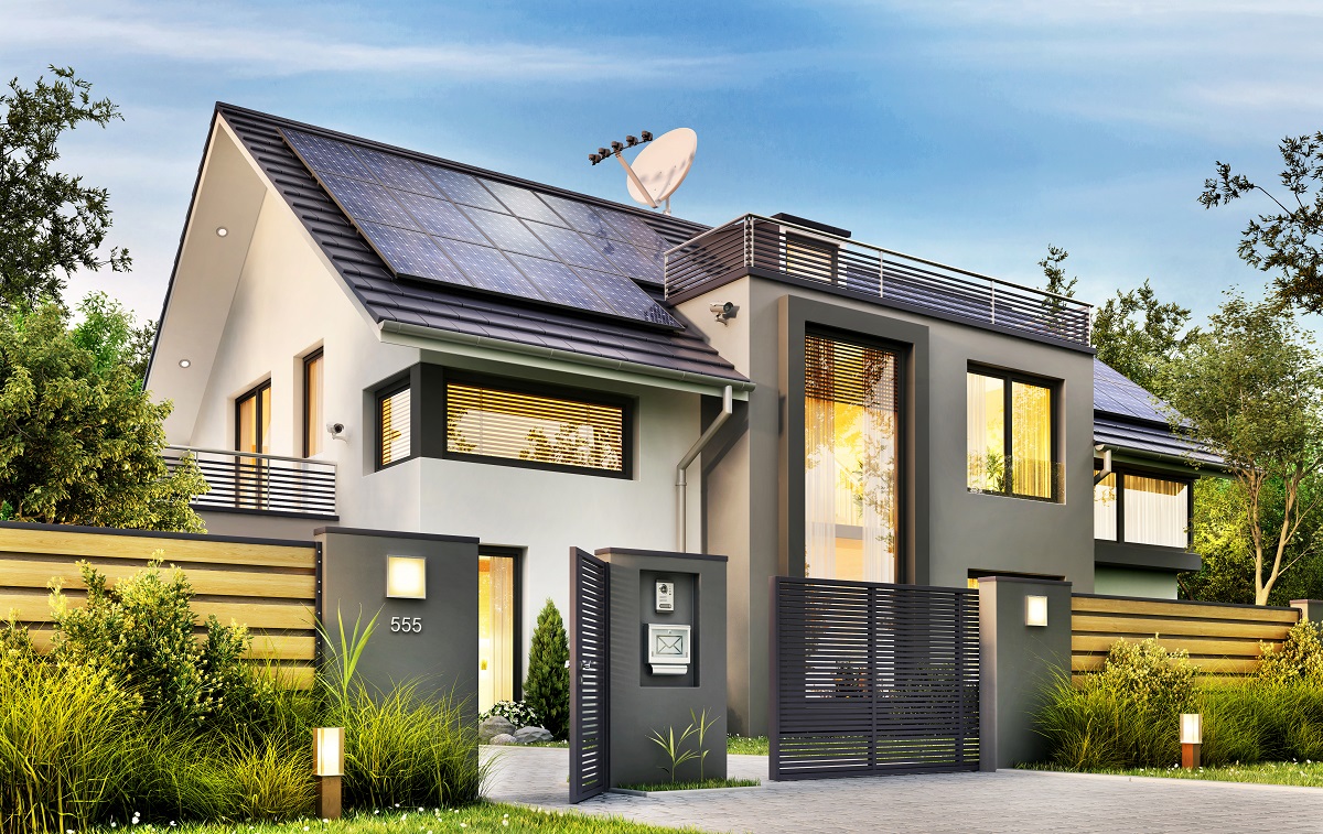 House with solar panel roofing